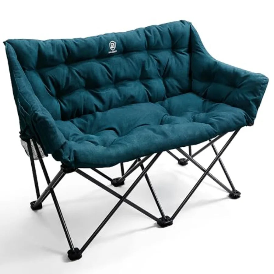 Outdoor double camping chair for adults, heavy-duty green polyester fabric with padded cushion, supports 600 lbs, includes side