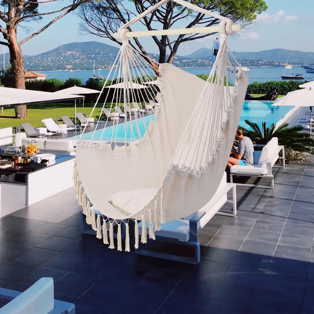 Hanging Rope Hammock Sitting Chair Garden Patio Camping Porch Swing /w 2 Pillows