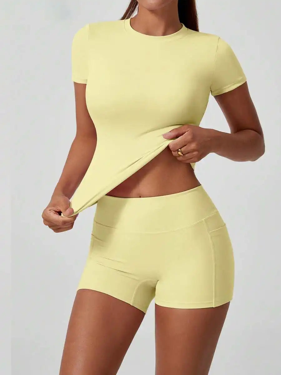 Women Short Sleeve High Waist Tummy Control Butt Lifting Set