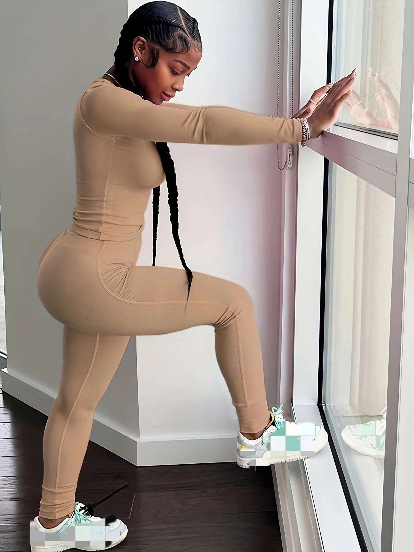 Women Long Sleeve Leggings Set Yoga Exercise Wear 2 Piece Polyester Spandex Breathable Quick Dry