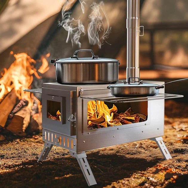 Industrial-Grade Wood-Burning Tent Stove With Stainless Steel Chimney Pipes Outdoors
