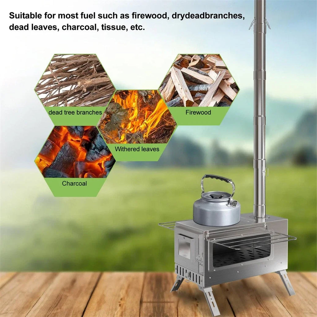 Industrial-Grade Wood-Burning Tent Stove With Stainless Steel Chimney Pipes Outdoors