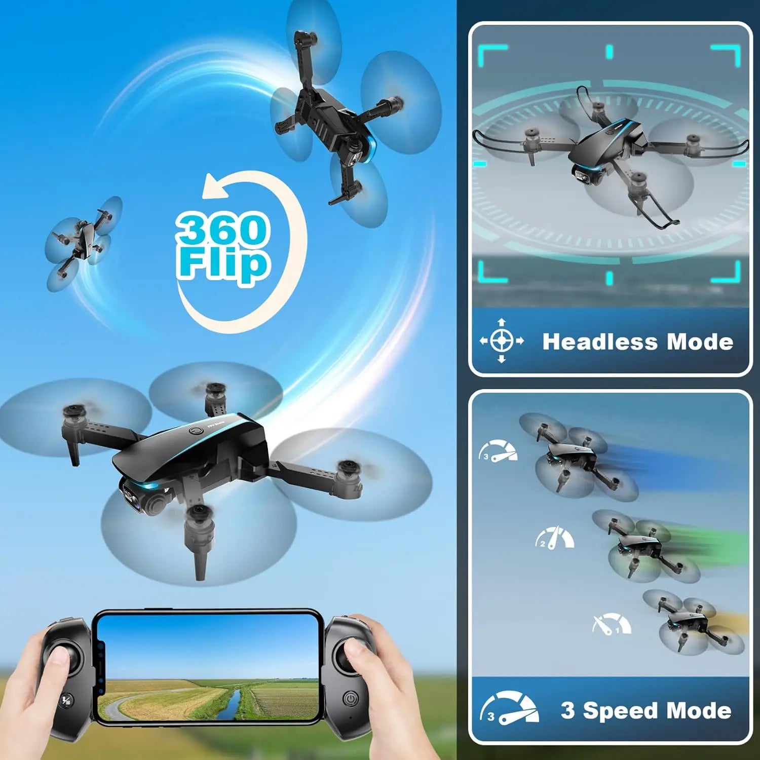 Foldable Drone With Camera 4K HD Video 2 Batteries