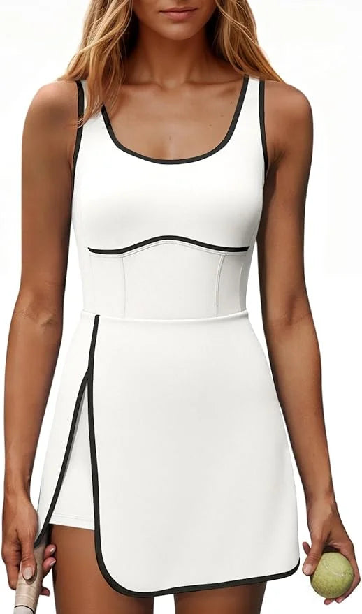 Fisoew Womens Workout Dress With Built-In Bra And Shorts Pockets