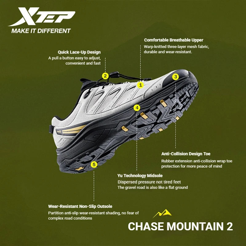 Xtep Chase Mountain 2.0 Men Hiking Shoes Anti Slip Cushioning