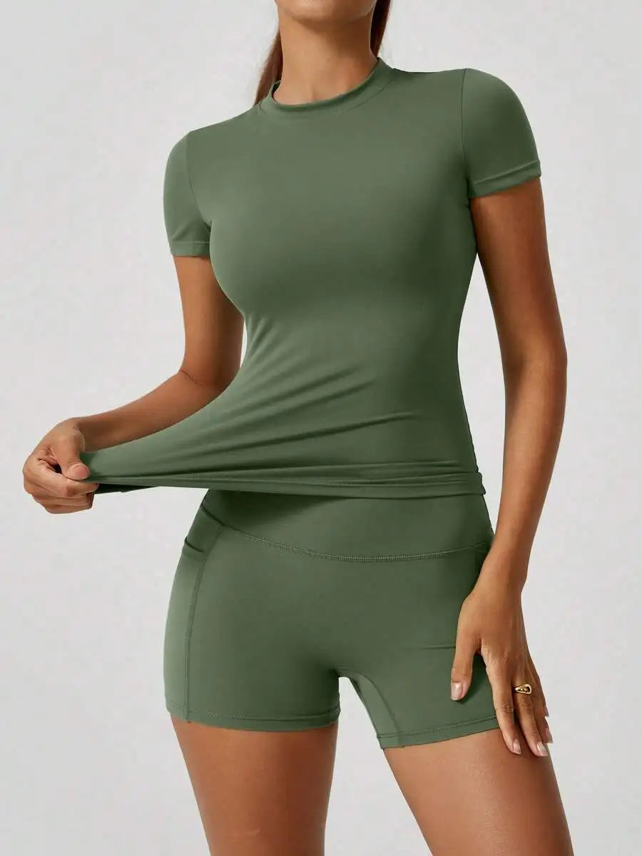 Women Short Sleeve High Waist Tummy Control Butt Lifting Set