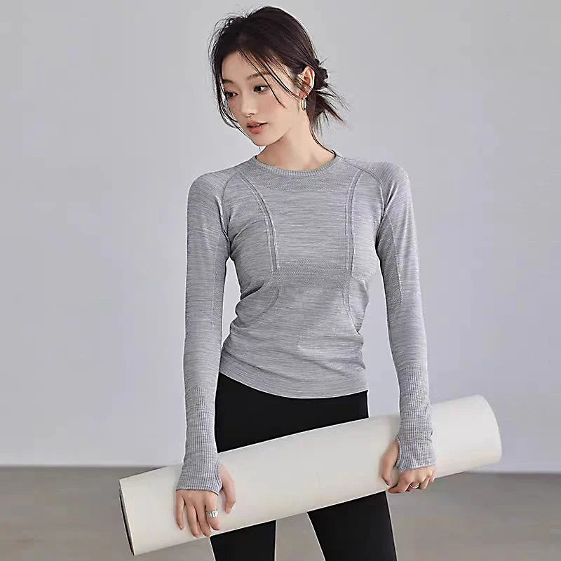 Women's Yoga Top Round Neck Seamless Long Sleeve Shirt