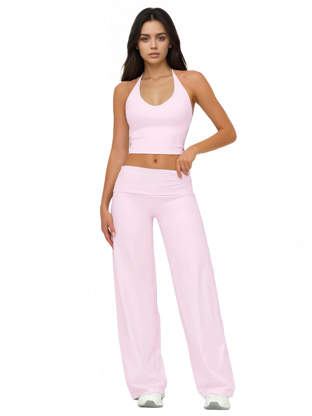 Airila 2 Piece Halter V Neck Yoga Set, Backless Crop Top Fold over Waist Flared Pants Tummy Control Athleisure Outfit Workout