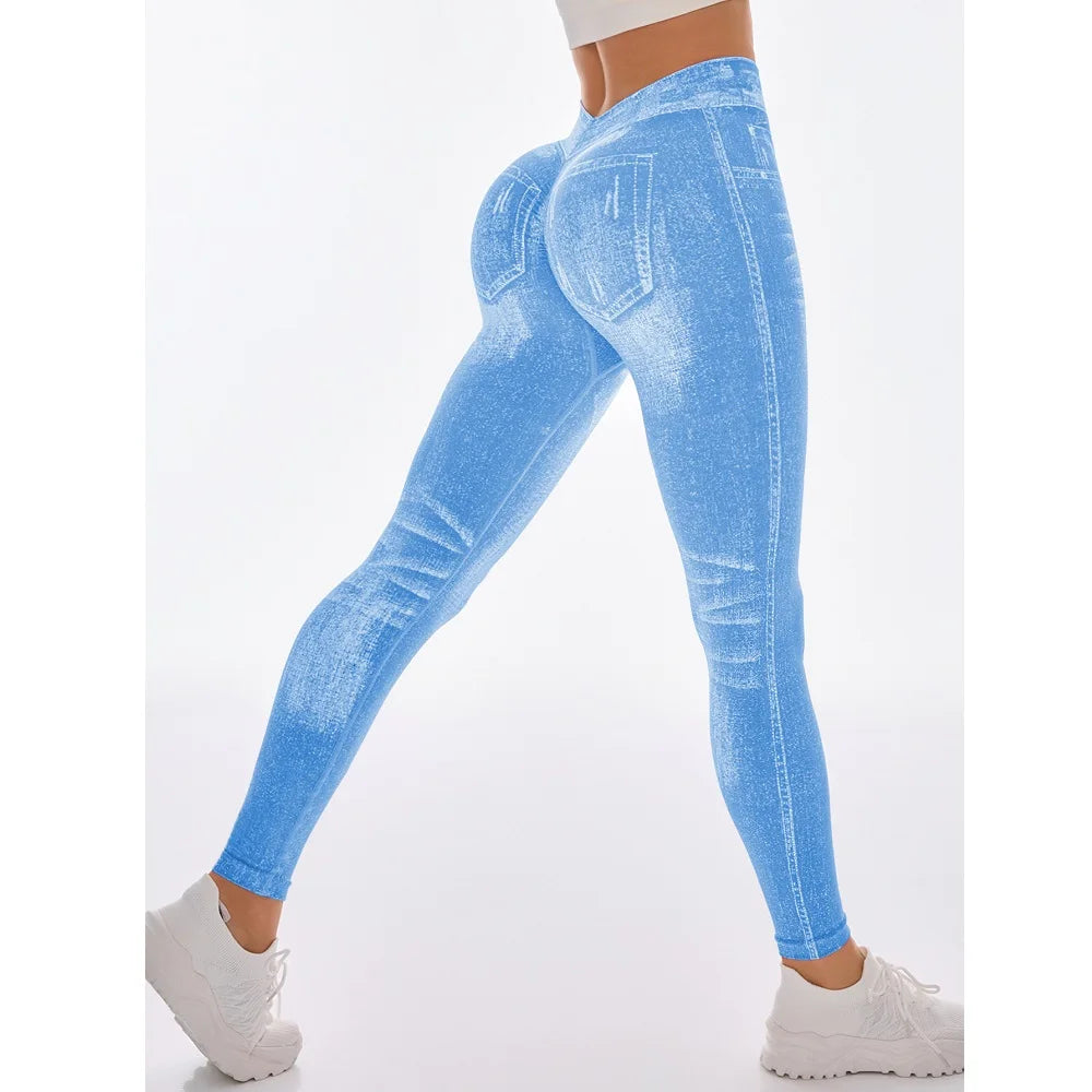 Women Faux Jeans Style Yoga Leggings Skinny Seamless Satin Polyester Outdoor Fitness