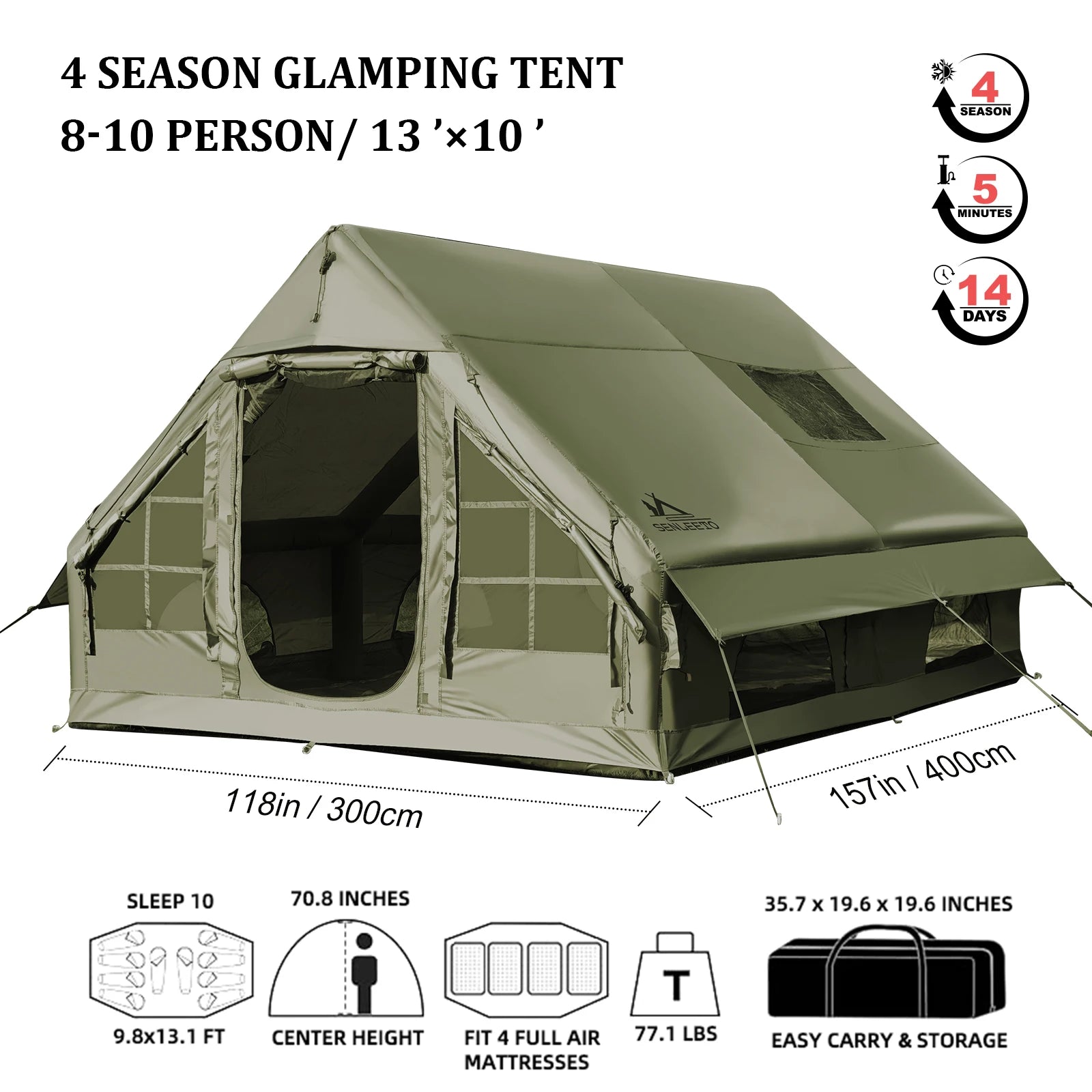 SENLEETO Waterproof Inflatable Camping Tent For Four Season Use