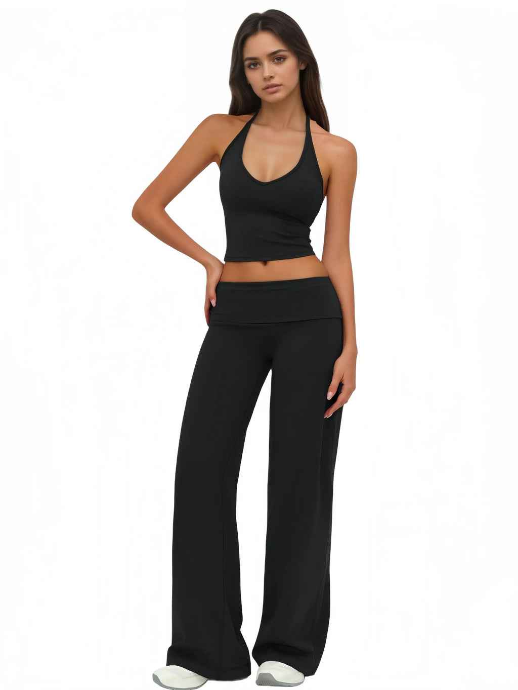 Airila 2 Piece Halter V Neck Yoga Set, Backless Crop Top Fold over Waist Flared Pants Tummy Control Athleisure Outfit Workout