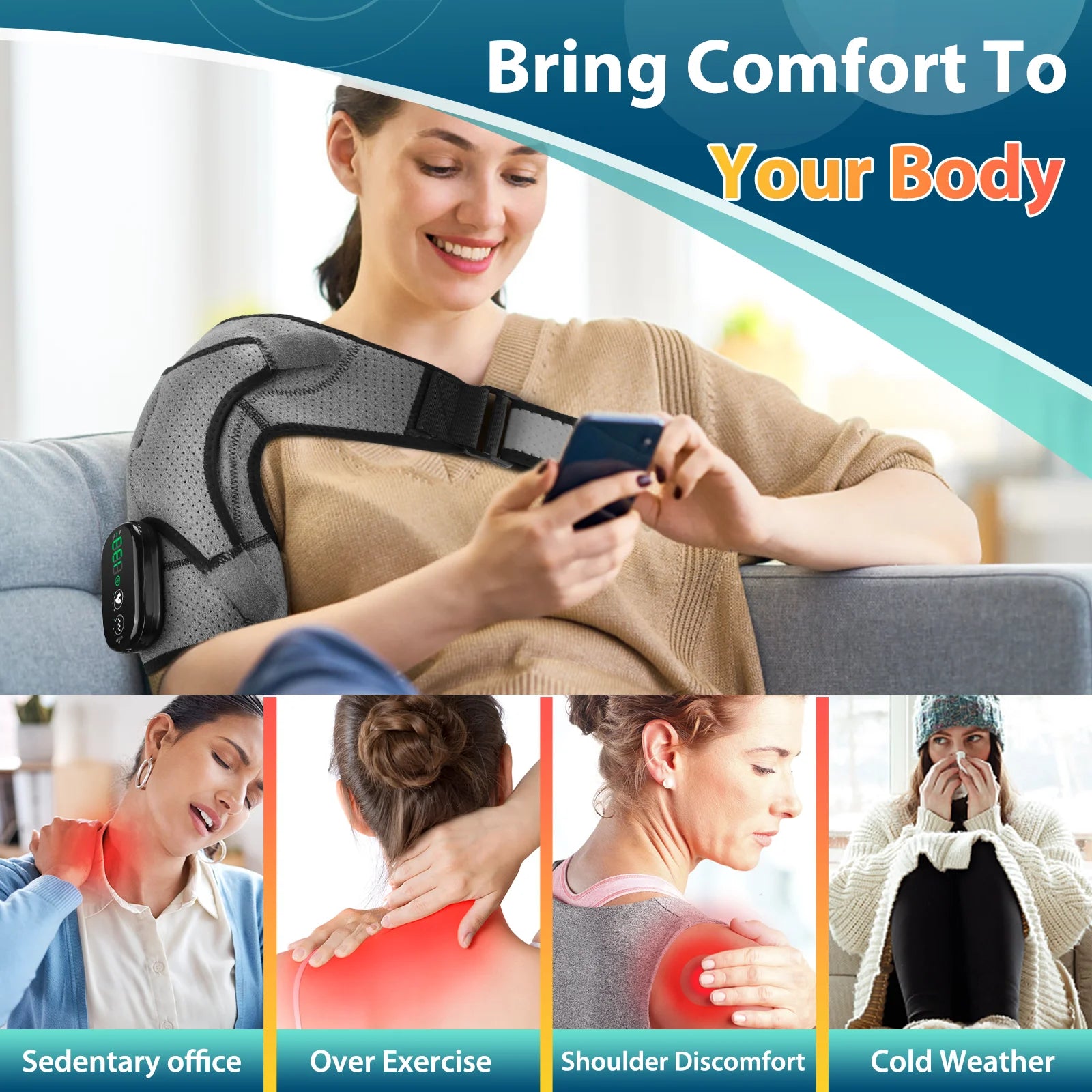 Rechargeable Electric Heating Shoulder Massage Belt Vibration Pad Muscle Relax Shoulder Support Brace Belt
