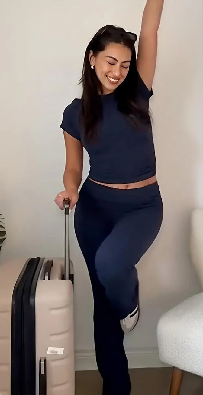 Two-Piece Women's Yoga Set Short-Sleeve Top Flared Trousers