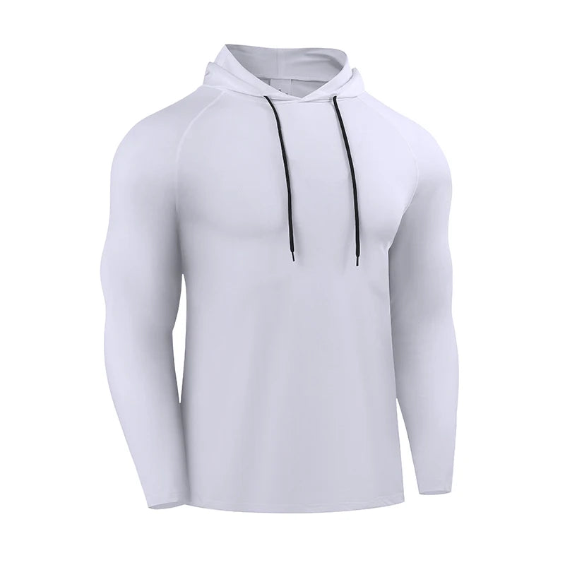 Men Running Long Sleeve Hooded Shirt Elastic Jersey Gym Top