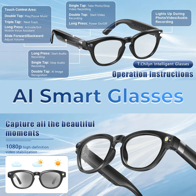 Smart Glasses Real Time Translation AI Chat Assistant with Microphones