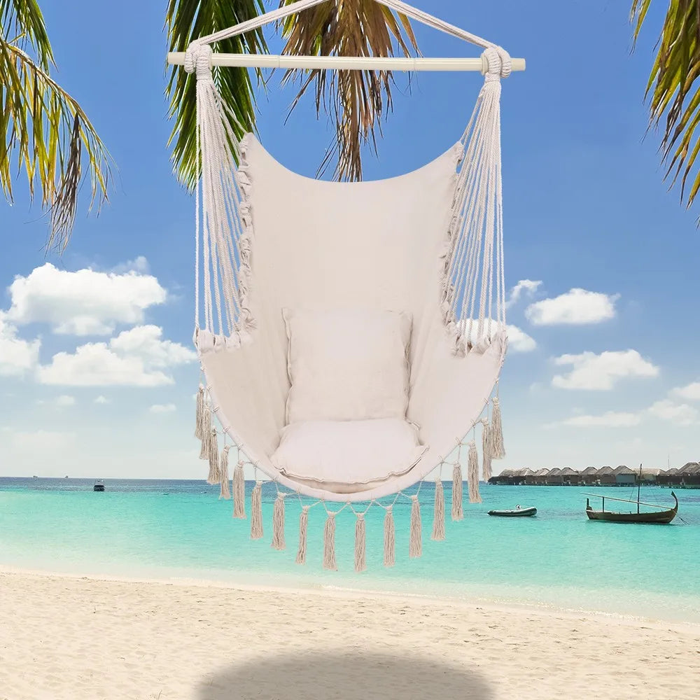 Hanging Rope Hammock Sitting Chair Garden Patio Camping Porch Swing /w 2 Pillows