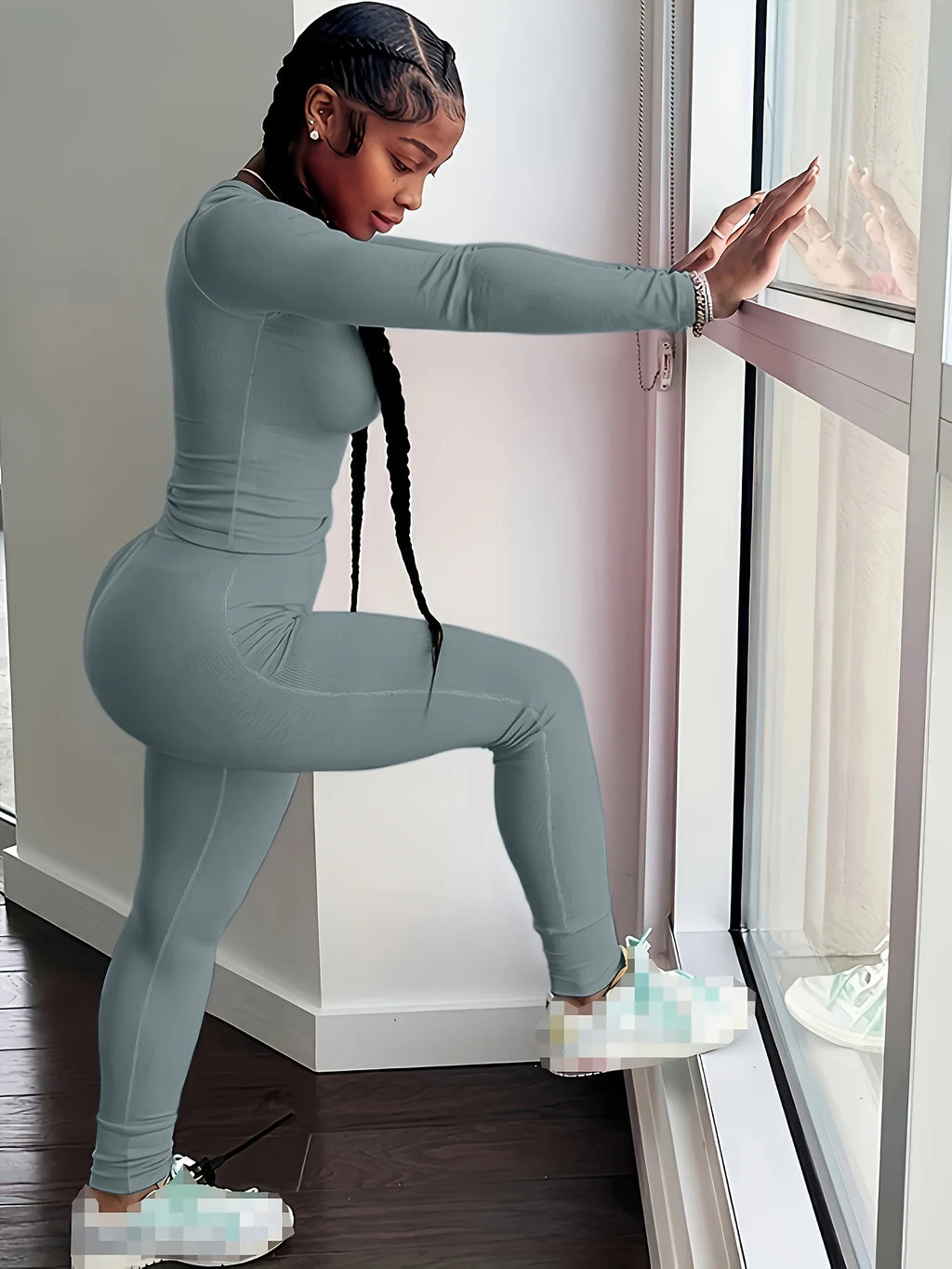Women Long Sleeve Leggings Set Yoga Exercise Wear 2 Piece Polyester Spandex Breathable Quick Dry