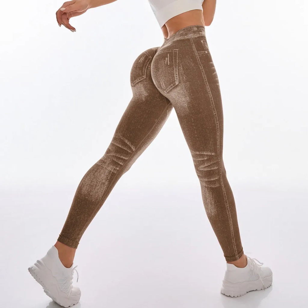 Women Faux Jeans Style Yoga Leggings Skinny Seamless Satin Polyester Outdoor Fitness