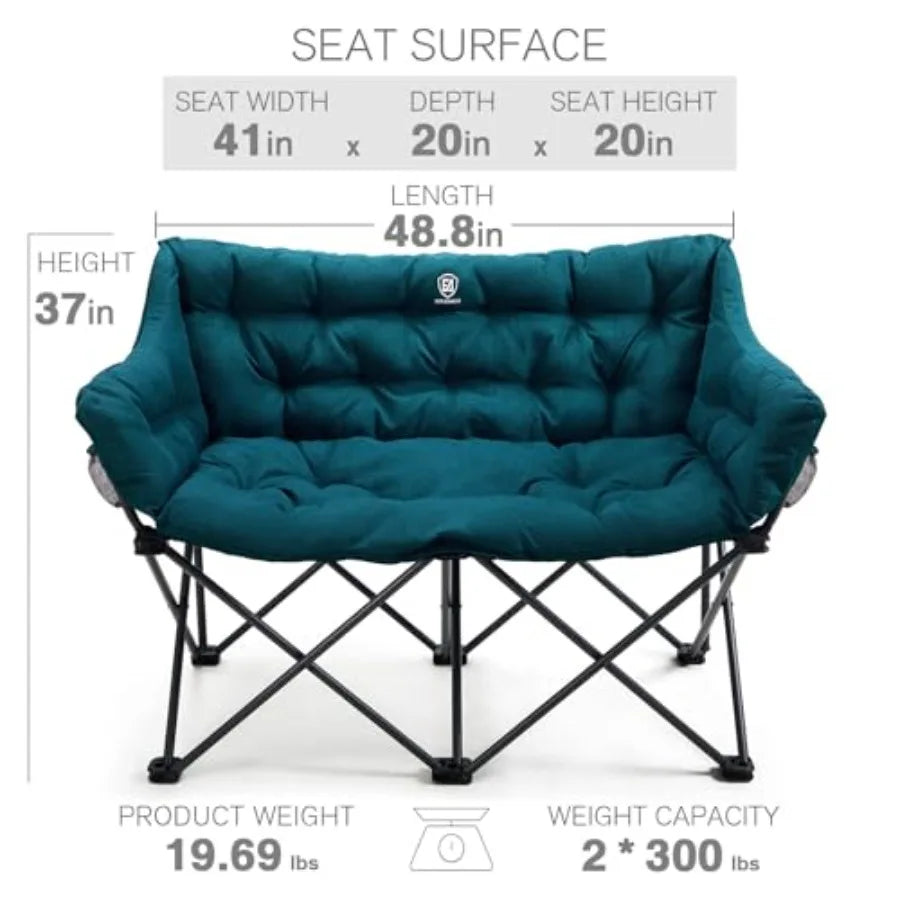 Outdoor double camping chair for adults, heavy-duty green polyester fabric with padded cushion, supports 600 lbs, includes side