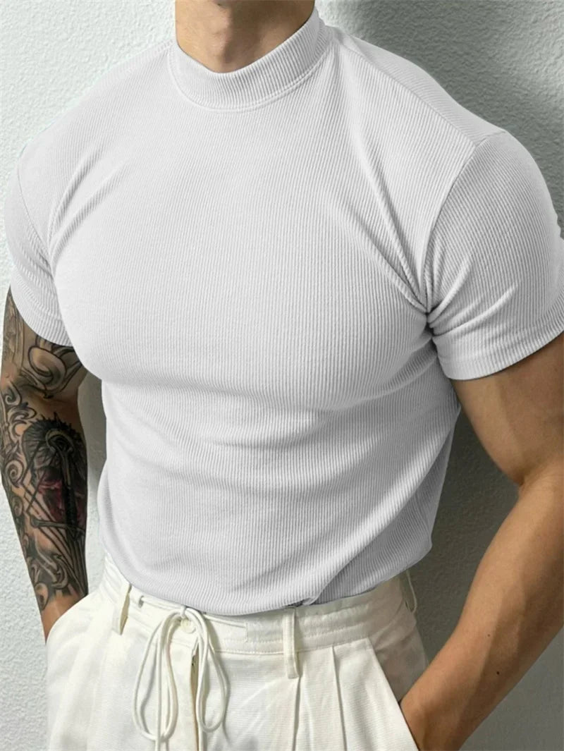 Men's High Collar Stripe T Shirt Short Sleeve Sportswear