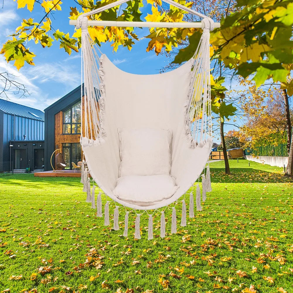 Hanging Rope Hammock Sitting Chair Garden Patio Camping Porch Swing /w 2 Pillows