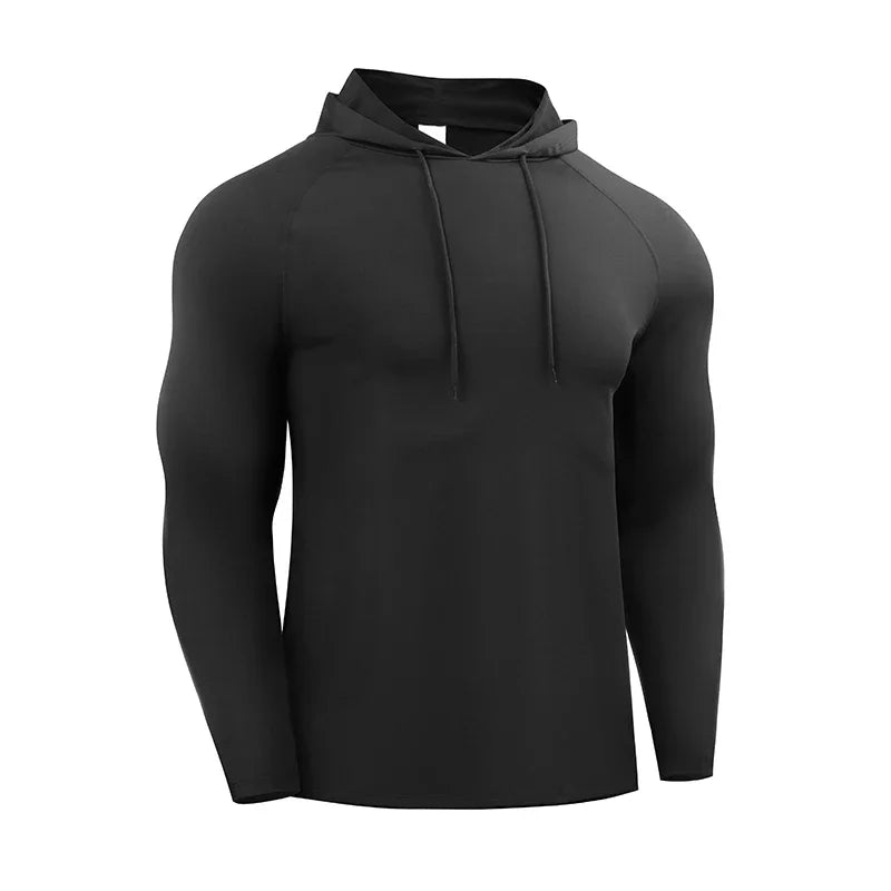 Men Running Long Sleeve Hooded Shirt Elastic Jersey Gym Top