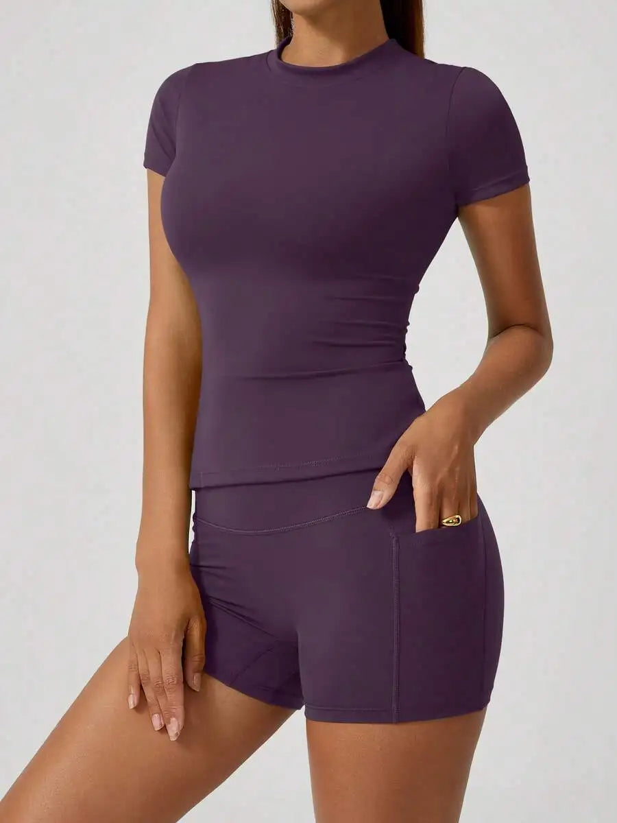 Women Short Sleeve High Waist Tummy Control Butt Lifting Set