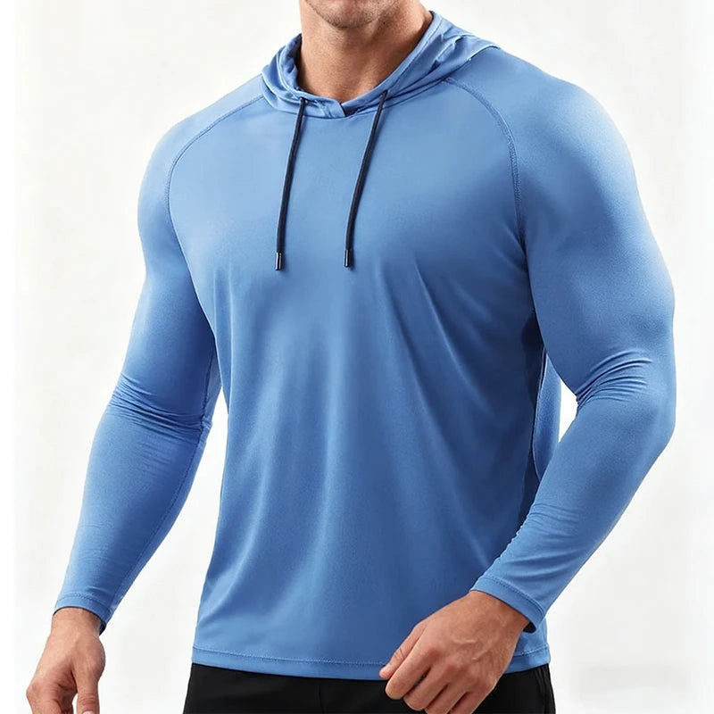 Men Running Long Sleeve Hooded Shirt Elastic Jersey Gym Top