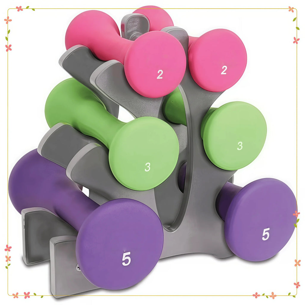 Hourglass Neoprene Dumbbell Set With Non Slip Grips And A Frame Stand For Home Gym And Strength Training