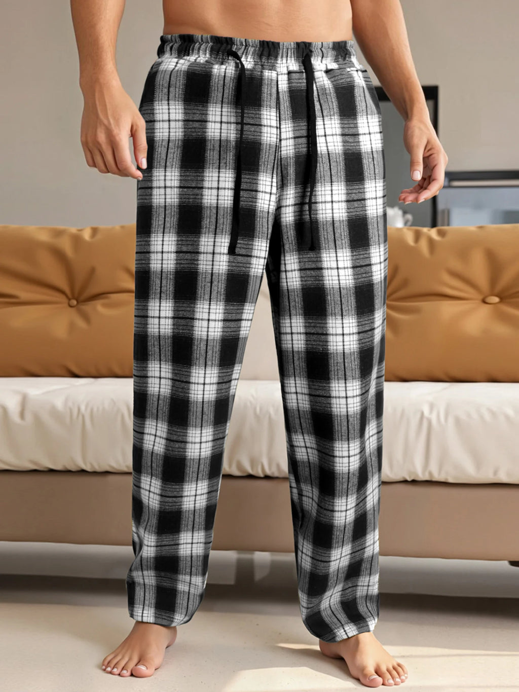 NONECN Men's Checkered Lounge Pants With Adjustable Drawstring Waistband Everyday