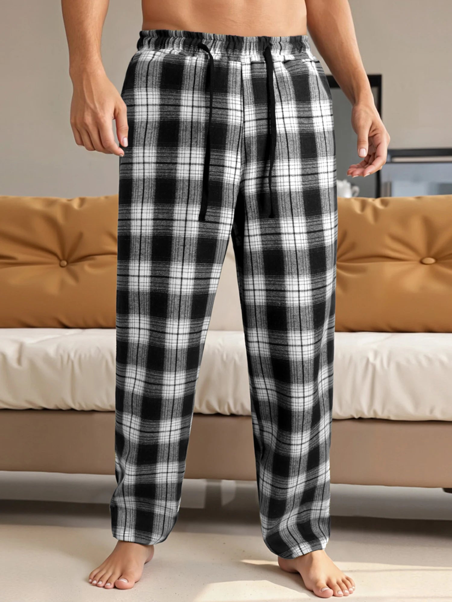 NONECN Men's Checkered Lounge Pants With Adjustable Drawstring Waistband Everyday