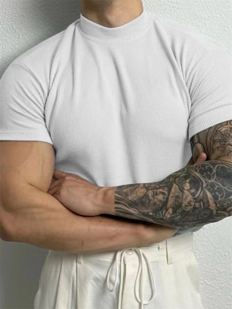 Men's High Collar Stripe T Shirt Short Sleeve Sportswear