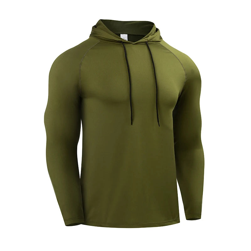 Men Running Long Sleeve Hooded Shirt Elastic Jersey Gym Top
