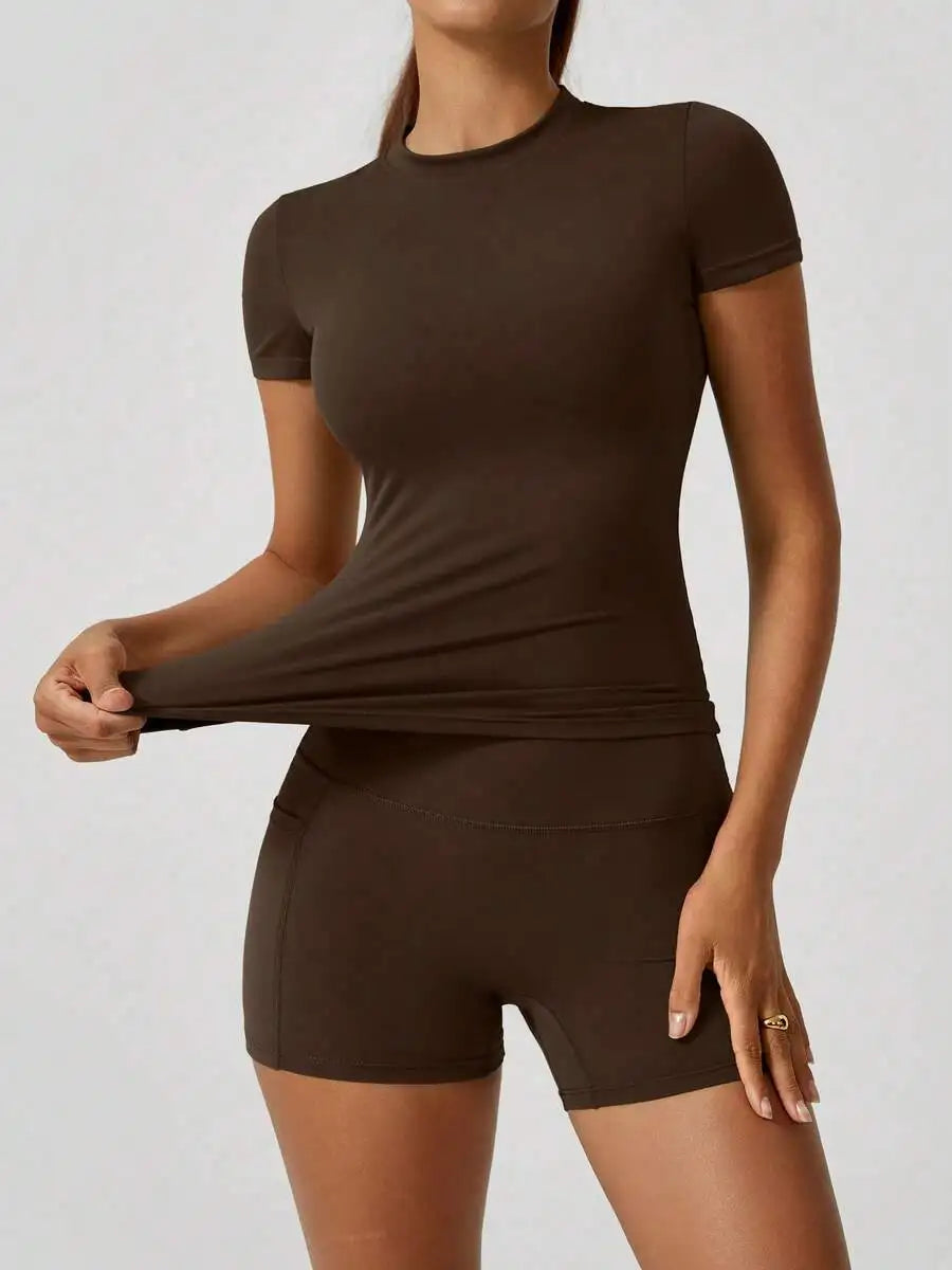 Women Short Sleeve High Waist Tummy Control Butt Lifting Set