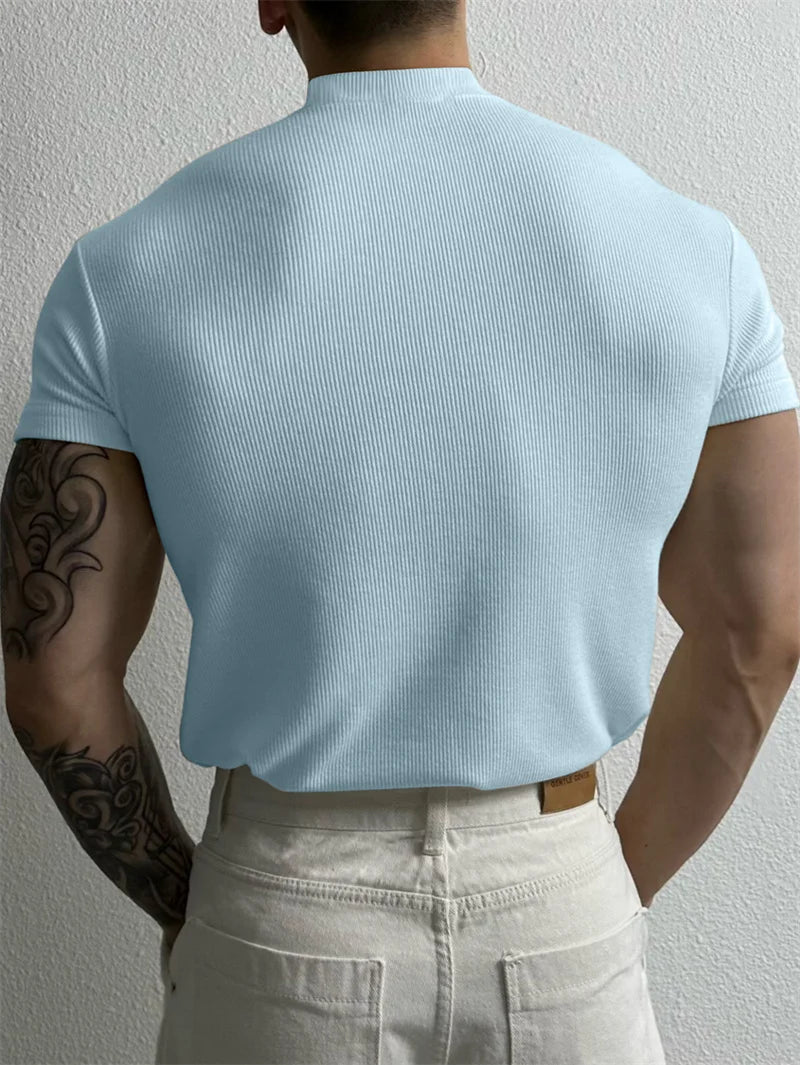 Men's High Collar Stripe T Shirt Short Sleeve Sportswear