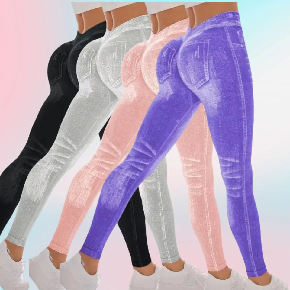 Women Faux Jeans Style Yoga Leggings Skinny Seamless Satin Polyester Outdoor Fitness