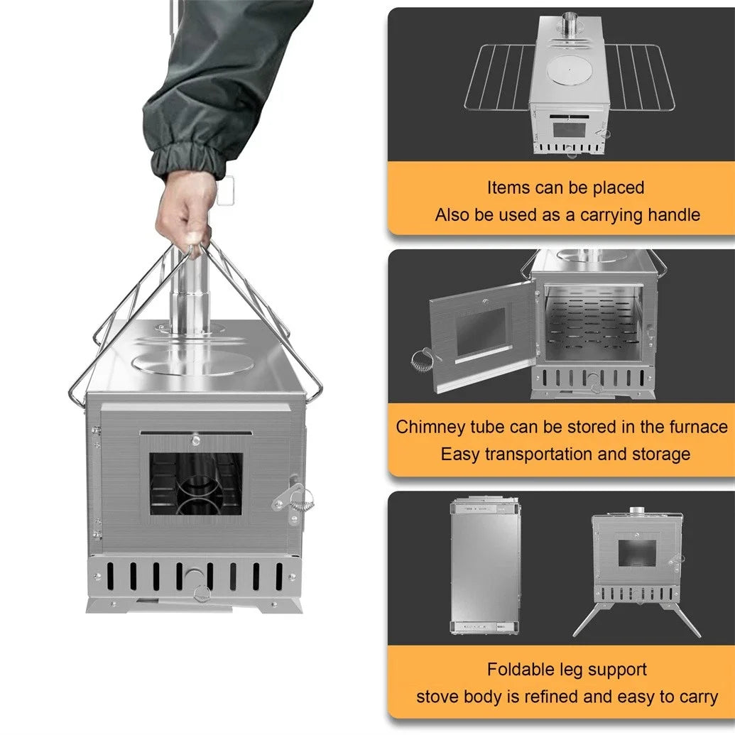 Industrial-Grade Wood-Burning Tent Stove With Stainless Steel Chimney Pipes Outdoors