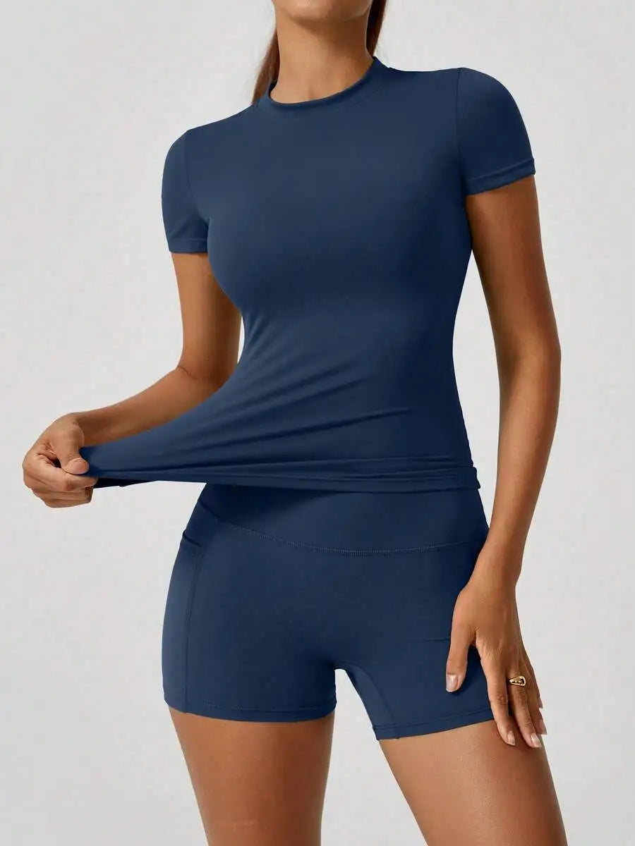 Women Short Sleeve High Waist Tummy Control Butt Lifting Set