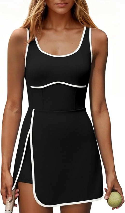 Fisoew Womens Workout Dress With Built-In Bra And Shorts Pockets