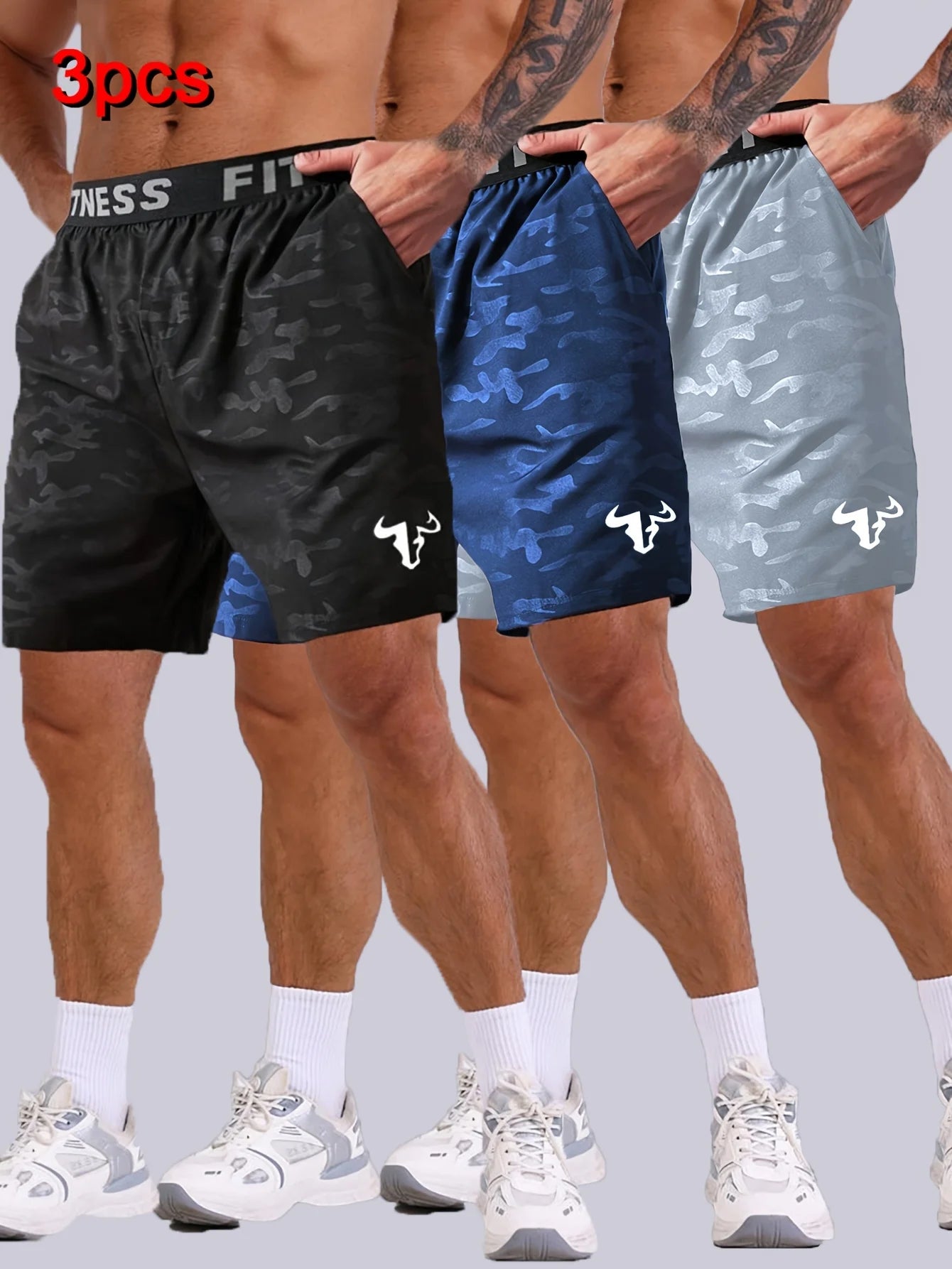 Men's Bull Print Running Shorts 3-Piece Set For Training