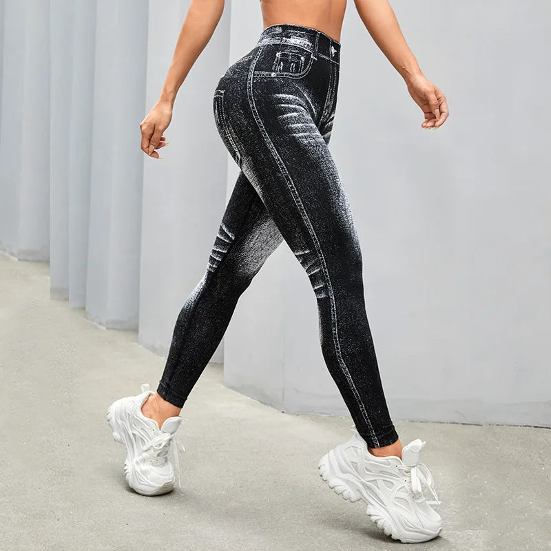 Women Faux Jeans Style Yoga Leggings Skinny Seamless Satin Polyester Outdoor Fitness