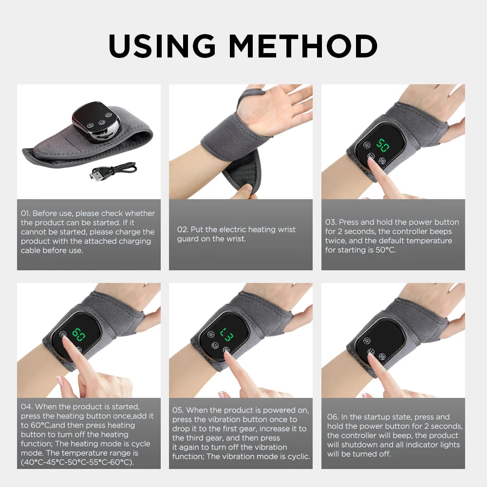 Wireless Electric Heating Wrist Massager 5 Levels Hot Compress 3 Levels Vibration Hand Massage Wrist Guard Band Support Belt