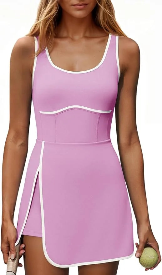 Fisoew Womens Workout Dress With Built-In Bra And Shorts Pockets