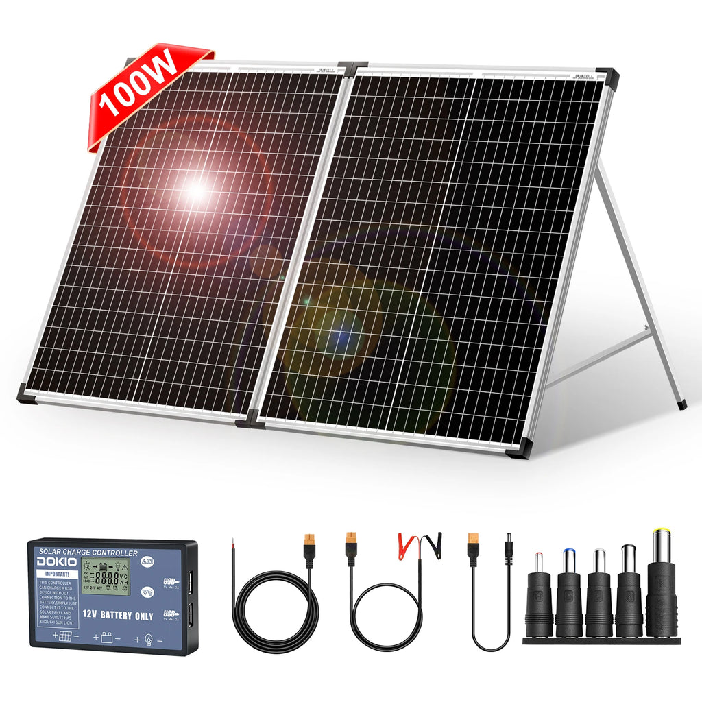 Dokio Foldable Solar Panel Suitcase for RV Camper Van Off Grid System, Monocrystalline 100W 160W 200W with 12V Controller