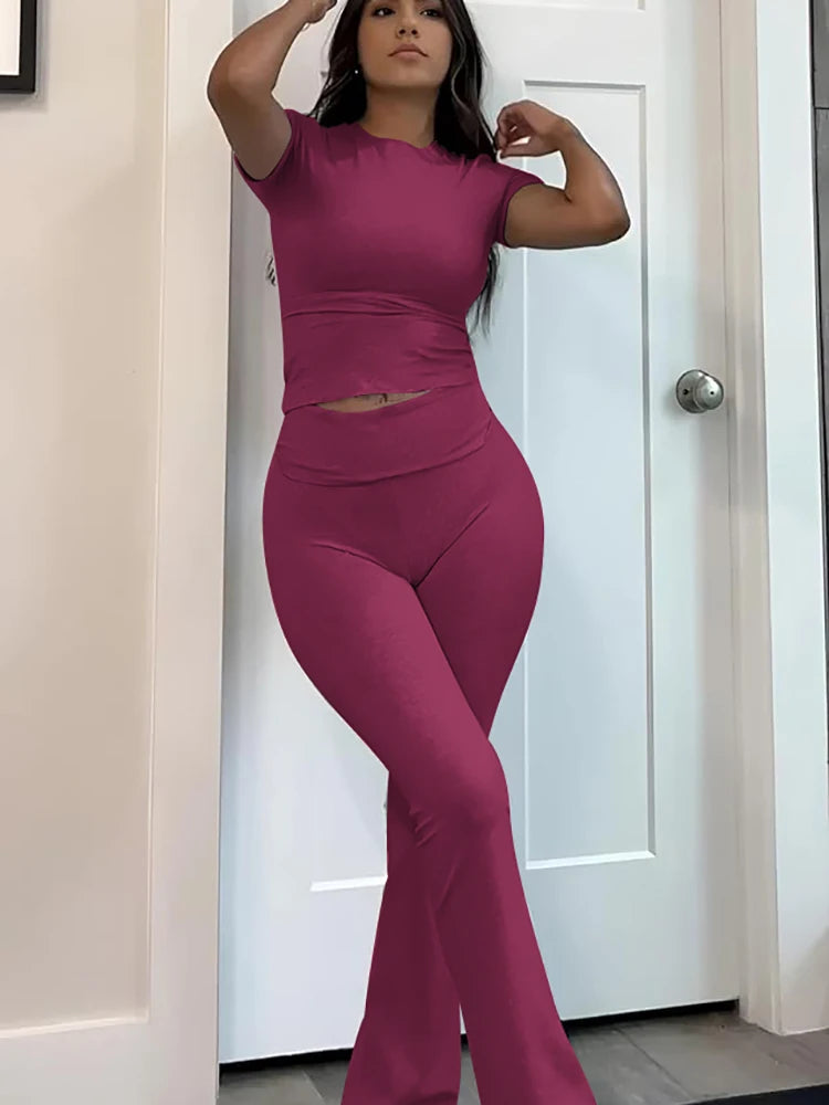 Two-Piece Women's Yoga Set Short-Sleeve Top Flared Trousers