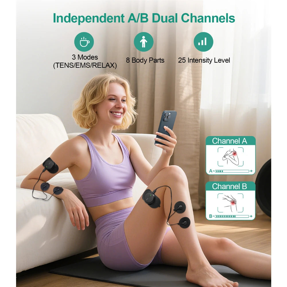 3-in-1 TENS EMS Wireless Dual Channel Muscle Stimulator App Control