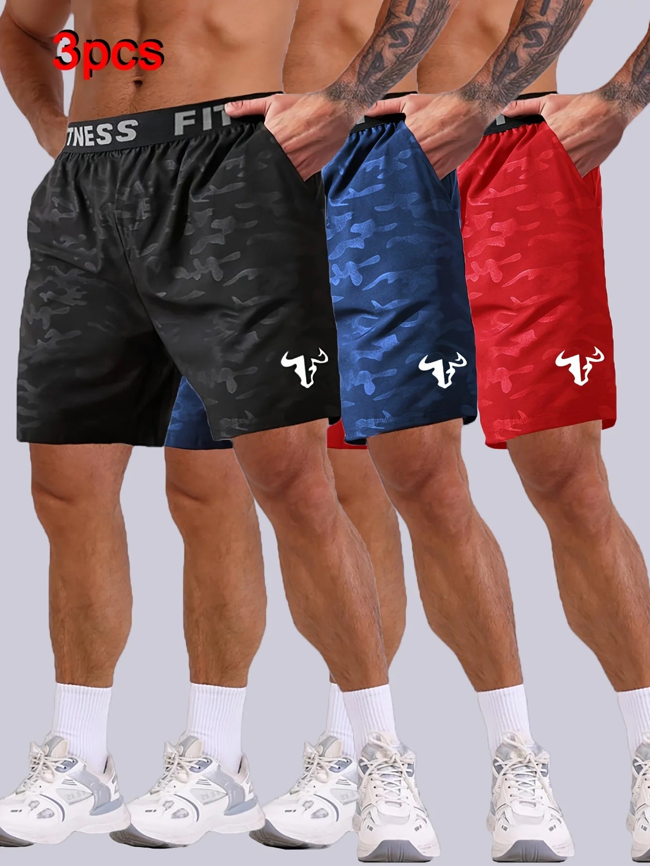 Men's Bull Print Running Shorts 3-Piece Set For Training
