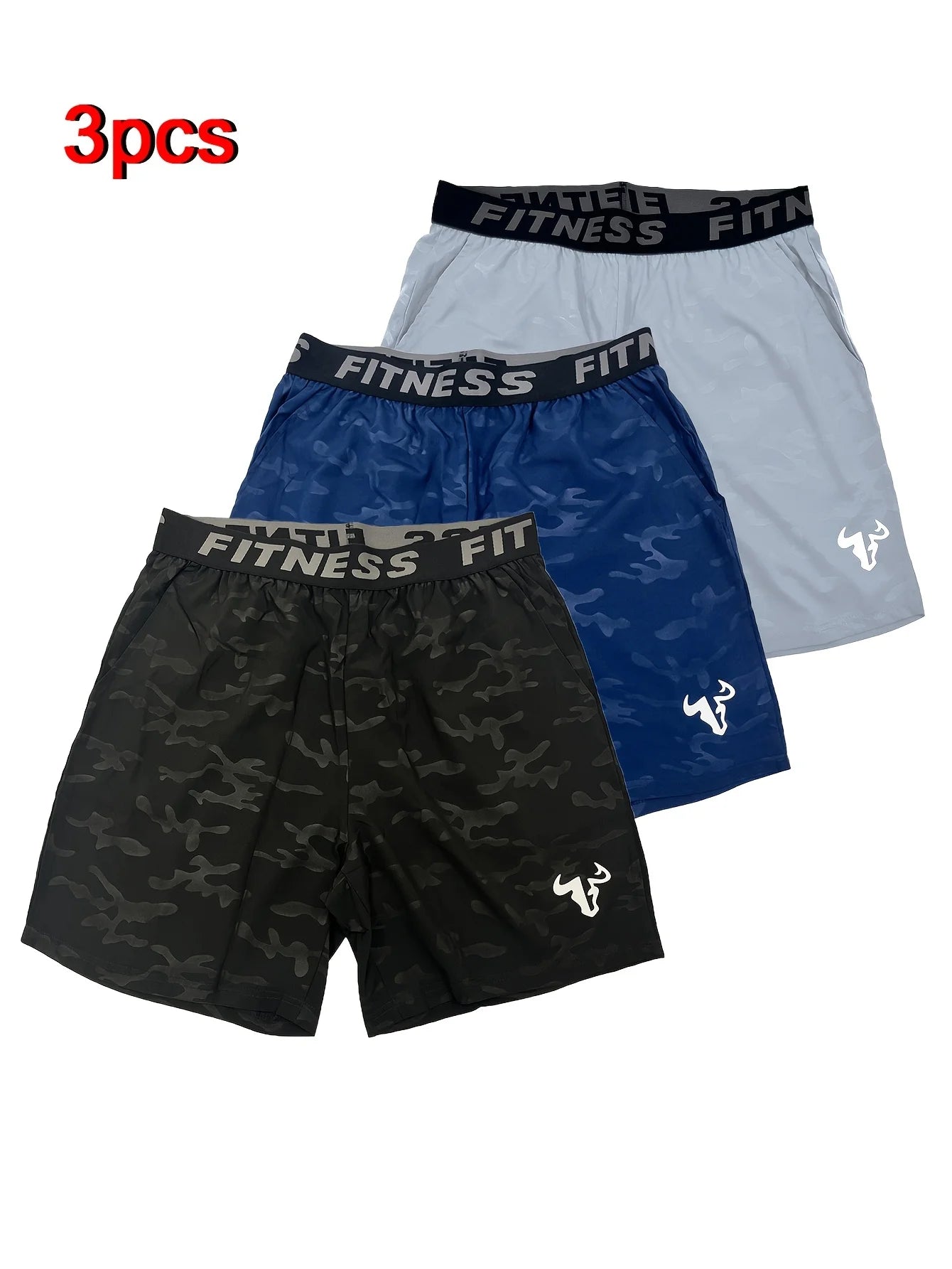 Men's Bull Print Running Shorts 3-Piece Set For Training