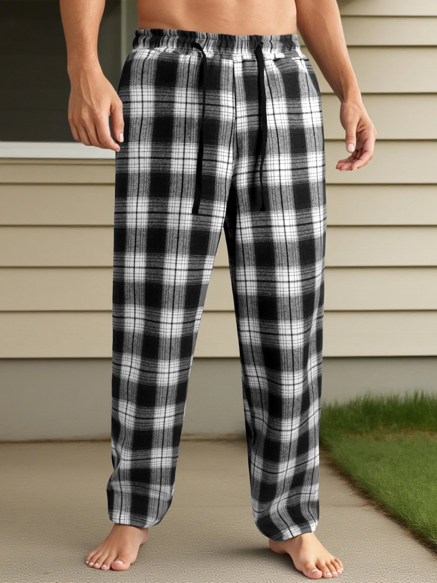 NONECN Men's Checkered Lounge Pants With Adjustable Drawstring Waistband Everyday