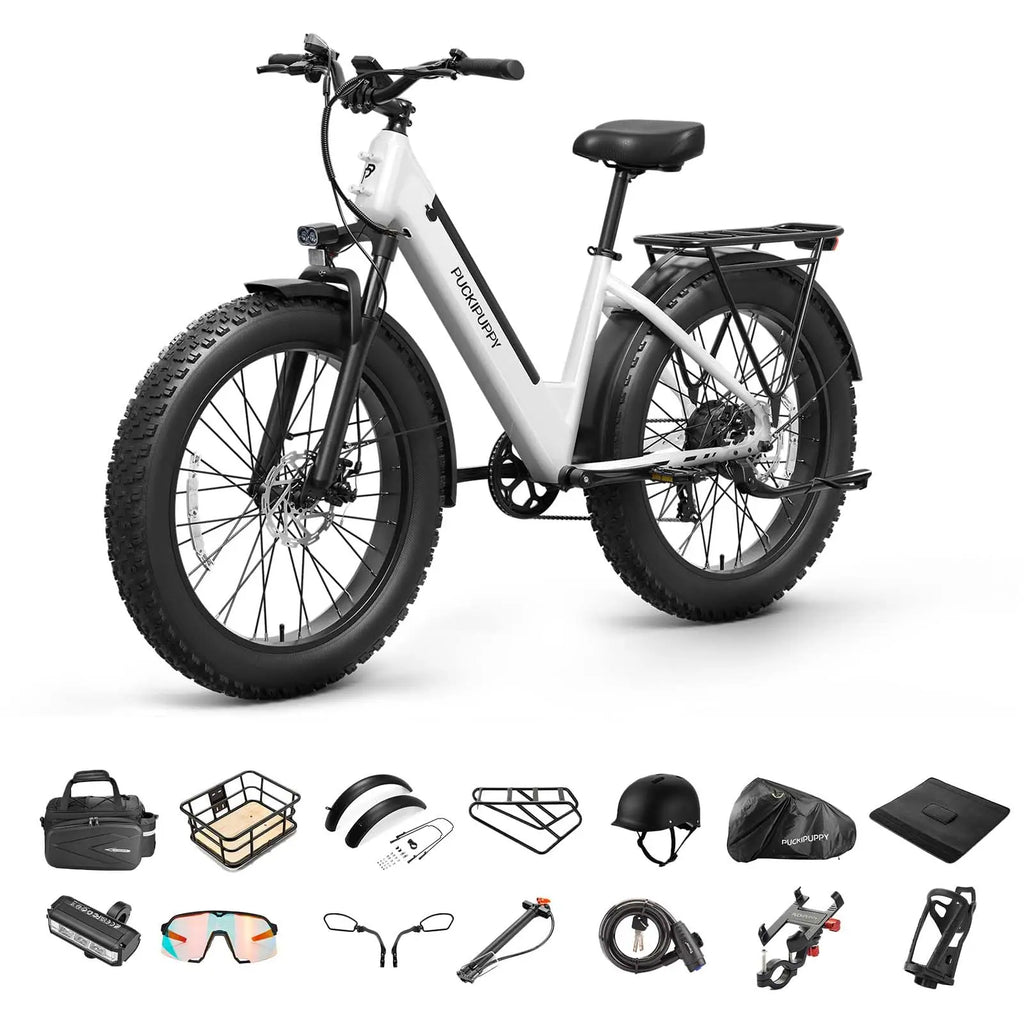 PUCKIPUPPY Samoyed Electric Bike 960W Peak 28MPH Fat Tire Warranty